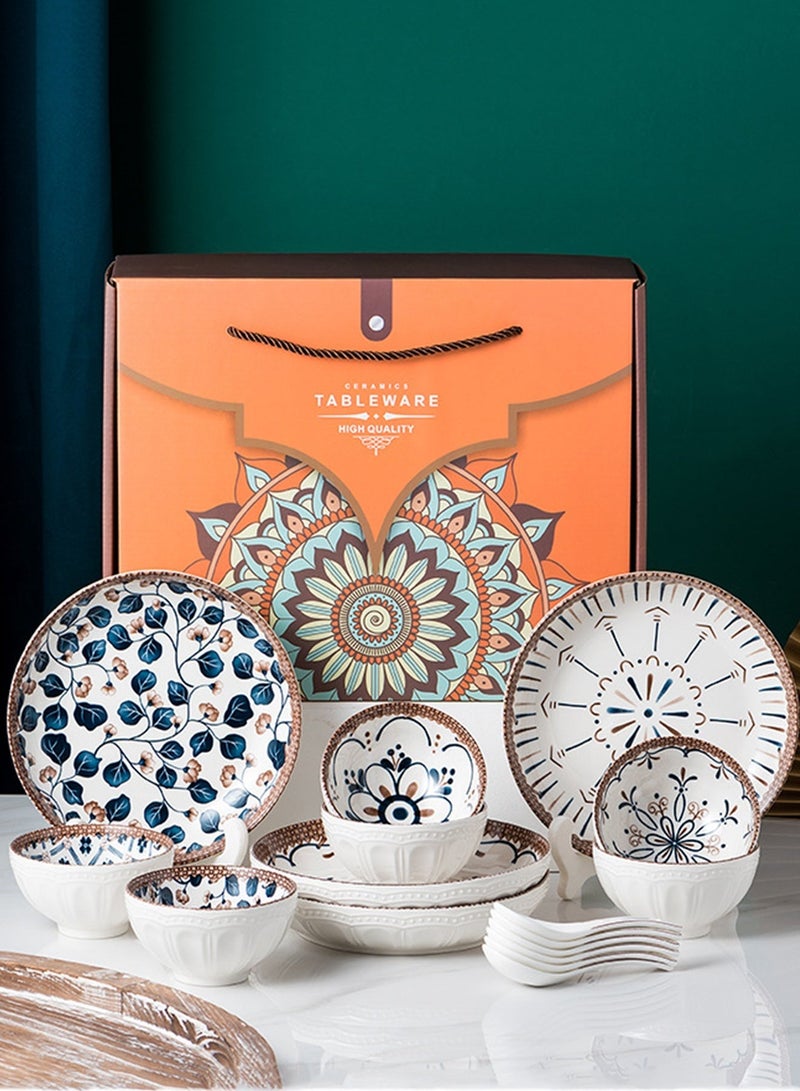 OSSO Ceramic Bowls Gift Set 16 Piece Bohemian Style Porcelain Dinnerware Set Pack of 16 with Spoons Plates Ceramic Gift Set Microwave Safe Underglaze Design for Kitchen Dining Housewarming Entertaining - Image 1